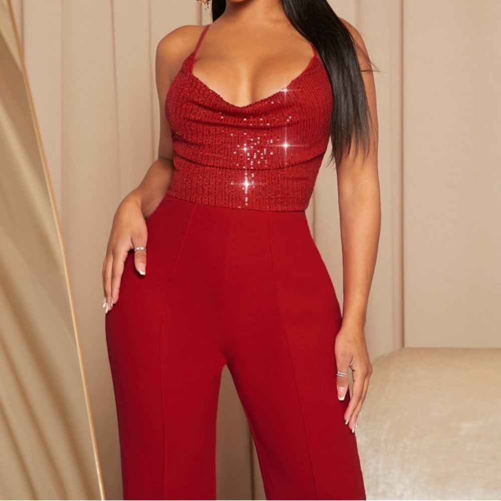 Shein SXY Sequin Insert Draped Collar Romper In Red Size L